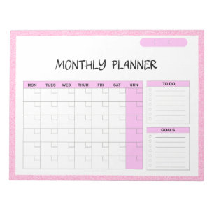 Elegant Pink White Blank Monthly Calendar Planner Notepad