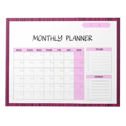 Elegant Pink White Blank Monthly Calendar Planner  Notepad