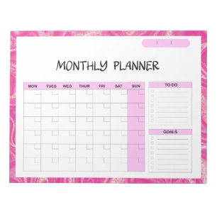 Elegant Pink White Blank Monthly Calendar Planner Notepad