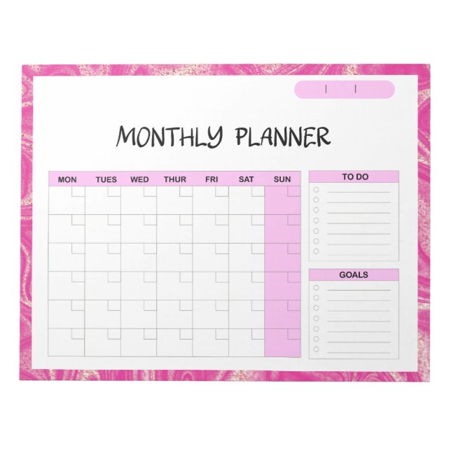 Elegant Pink White Blank Monthly Calendar Planner  Notepad (Front)