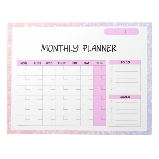 Elegant Pink White Blank Monthly Calendar Planner  Notepad (Front)