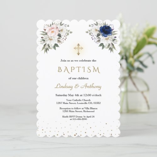Elegant Pink White Blue Flowers Twins Baptism  Invitation