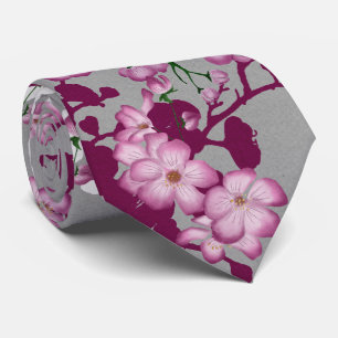 Elegant Pink White Burgundy Cherry Blossoms Neck Tie