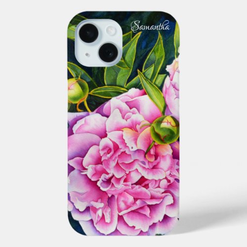 Elegant pink white classic watercolor floral iPhone 15 case