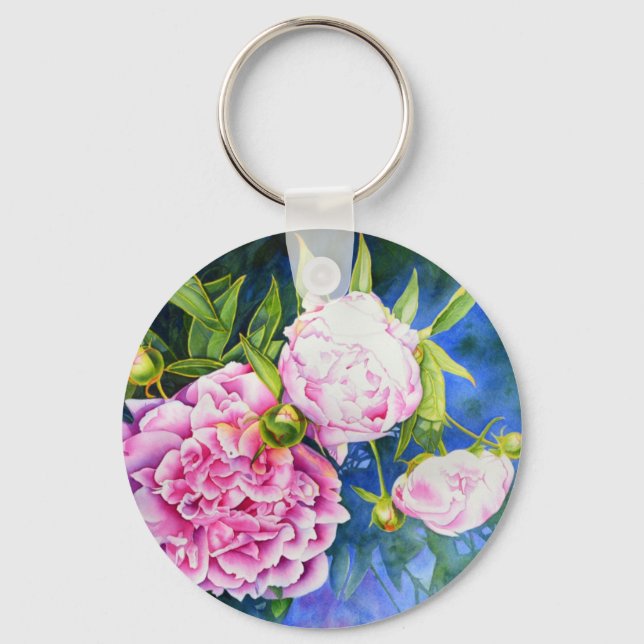 Elegant pink white classic watercolor floral keychain (Front)