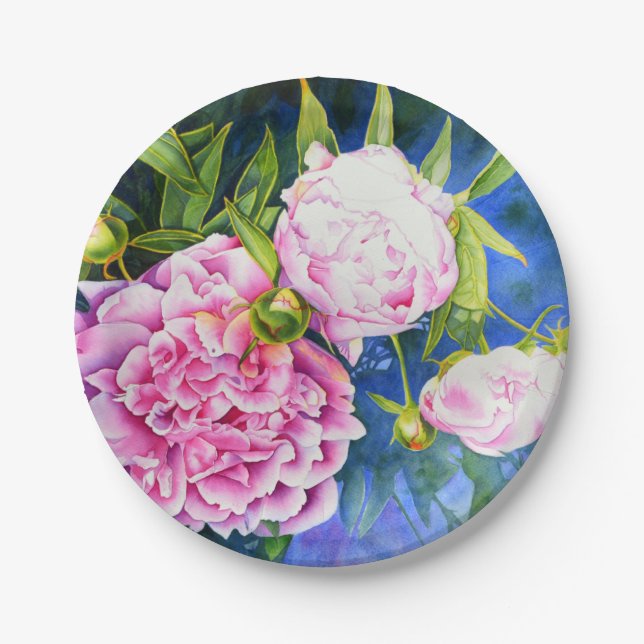 Elegant pink white classic watercolor floral paper plates (Front)