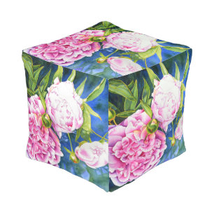 Elegant pink white classic watercolor floral pouf