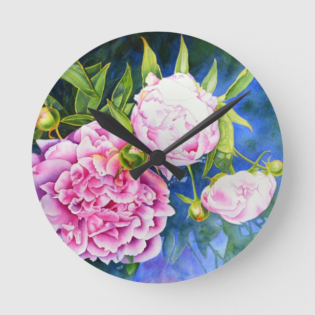 Elegant pink white classic watercolor floral round clock (Front)