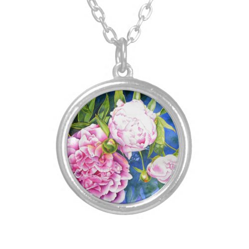 Elegant pink white classic watercolor floral silver plated necklace