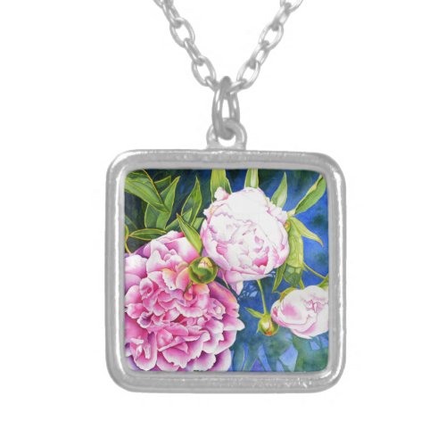 Elegant pink white classic watercolor floral silver plated necklace