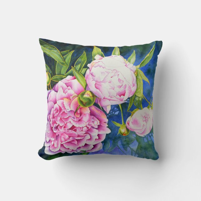 Elegant pink white classic watercolor floral throw pillow (Front)