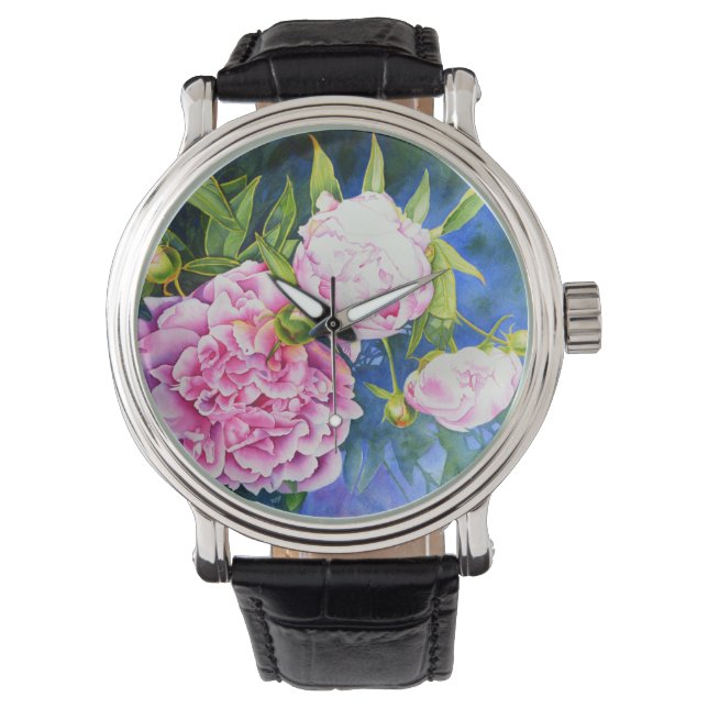 Elegant pink white classic watercolor floral watch (Front)
