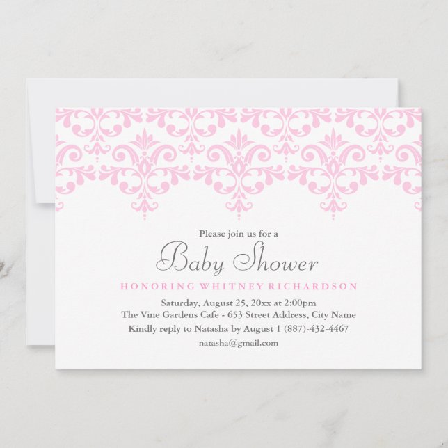 Elegant Pink & White Damask Baby Shower Invitation (Front)