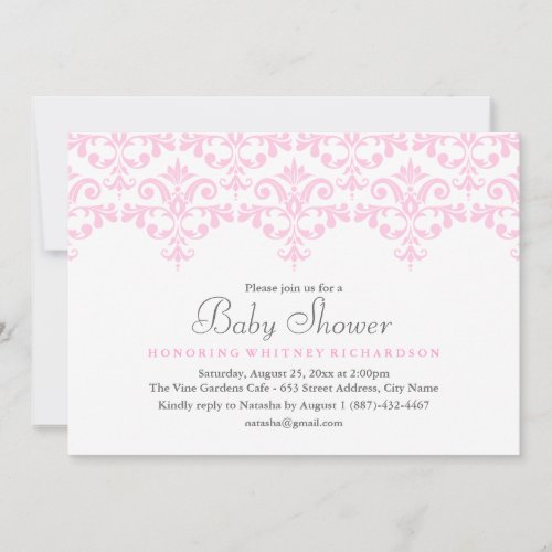 Elegant Pink  White Damask Baby Shower Invitation