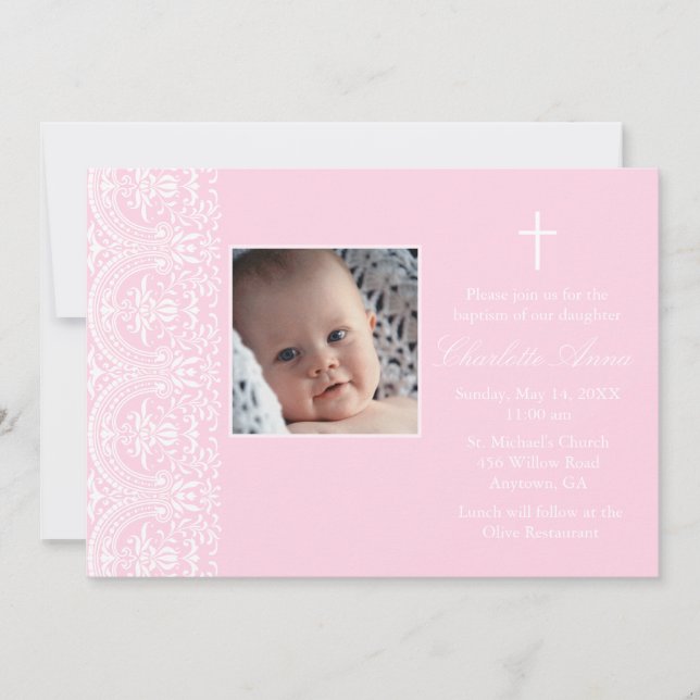 Elegant Pink & White Damask Baptism Invitation (Front)