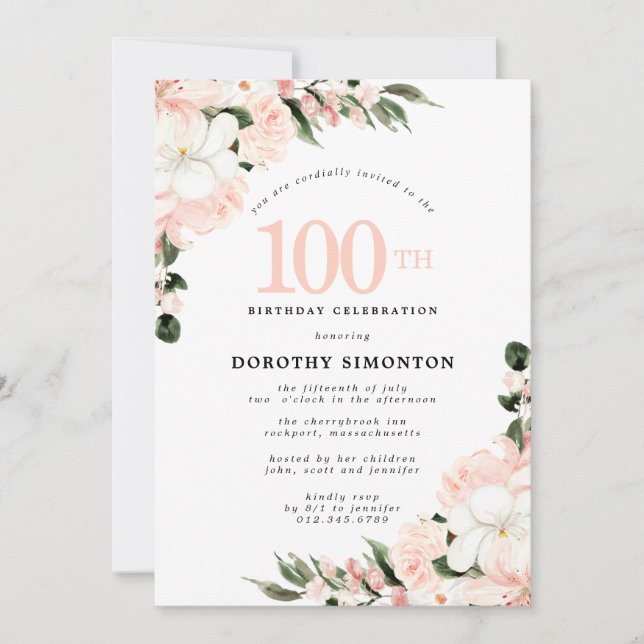 Elegant Pink White Floral 100th Birthday Invitation (Front)