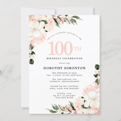 Elegant Pink White Floral 100th Birthday Invitation