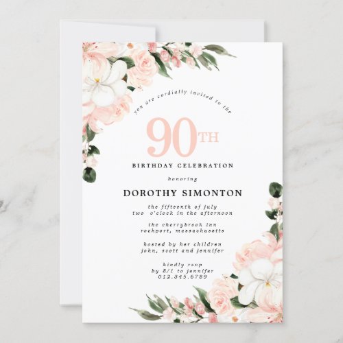 Elegant Pink White Floral 90th Birthday Invitation