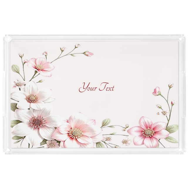 Elegant Pink White Floral Acrylic Vanity Tray (Front)