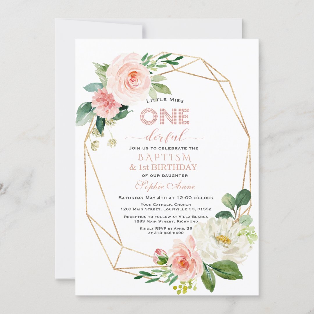 Elegant Pink White Floral Baptism And First Birthday Invitation Zazzle