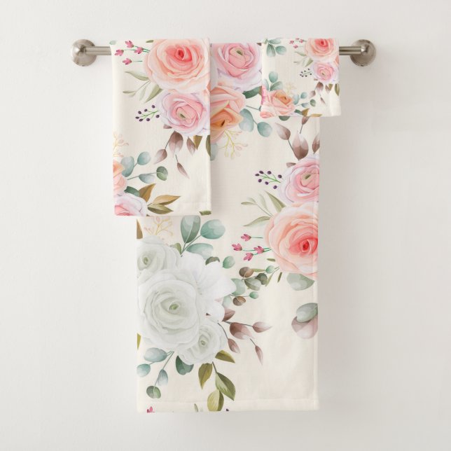 Elegant Pink white floral  Bath Towel Set (Insitu)