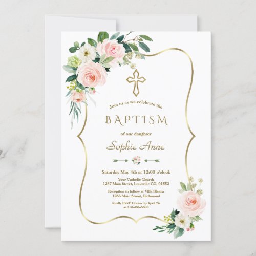 Elegant Pink White Floral Bloom Gold Cross Baptism Invitation