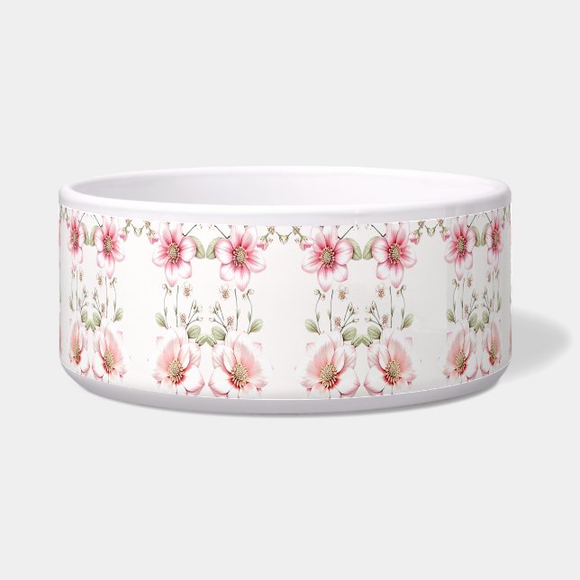 Elegant Pink White Floral Ceramic Pet Bowl (Front)