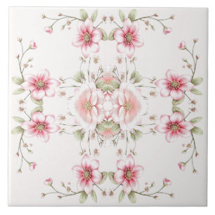 Elegant Pink White Floral Ceramic Tile