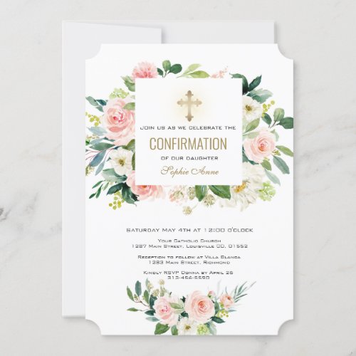 Elegant Pink White Floral Cross Confirmation Invitation