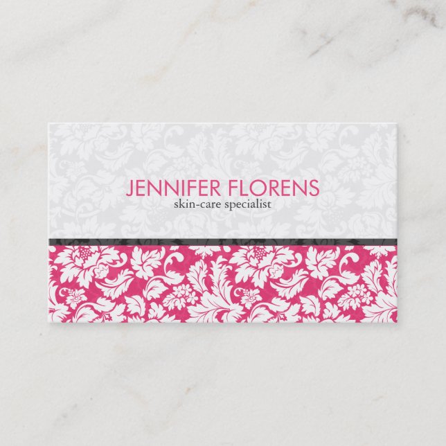 Elegant Pink White Floral Damasks Business Card (Front)