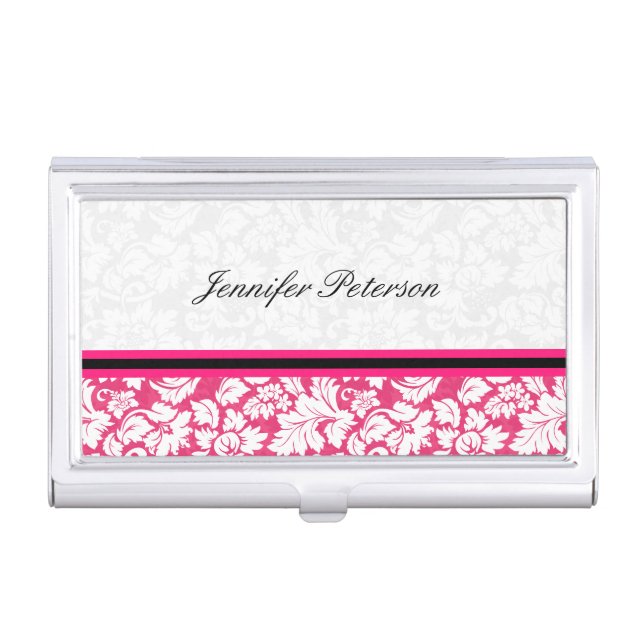 Elegant Pink White Floral Damasks Business Card Holder (Front)