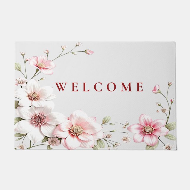 Elegant Pink White Floral Doormat (Front)