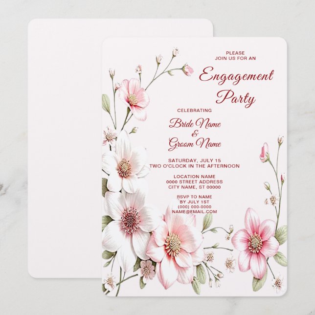 Elegant Pink White Floral Engagement Invitation (Front/Back)