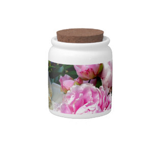Elegant pink white floral flowers peonies candy jar