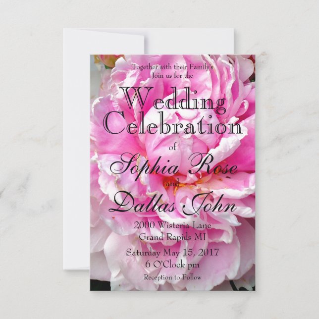 Elegant pink white floral flowers peonies invitation (Front)