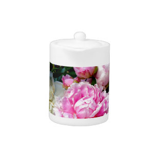Elegant pink white floral flowers peonies teapot