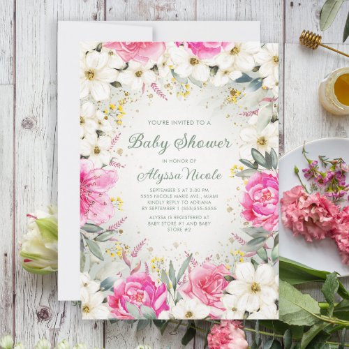 Elegant Pink White Floral Glitter Baby Shower Invi Invitation