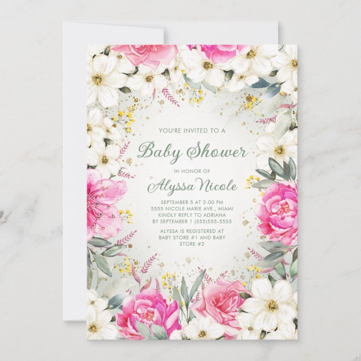 Elegant Pink White Floral Glitter Baby Shower Invi Invitation Zazzle