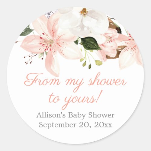 Elegant pink white floral lilies baby shower classic round sticker