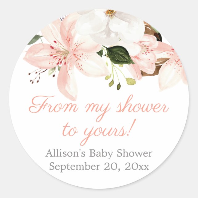 Elegant pink white floral lilies baby shower classic round sticker (Front)