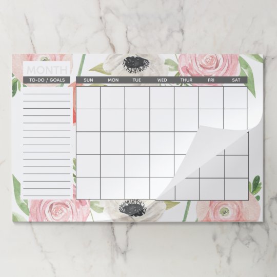 Elegant Pink & White Floral Monthly Calendar Paper Pad