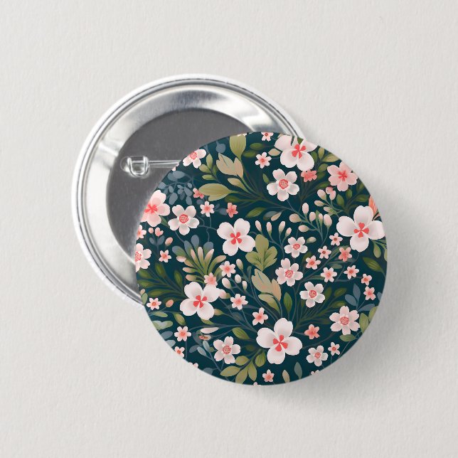 Elegant Pink & White Floral Pattern  Button (Front & Back)