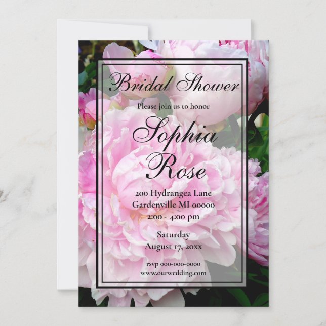 Elegant pink white floral peony Bridal shower Invitation (Front)