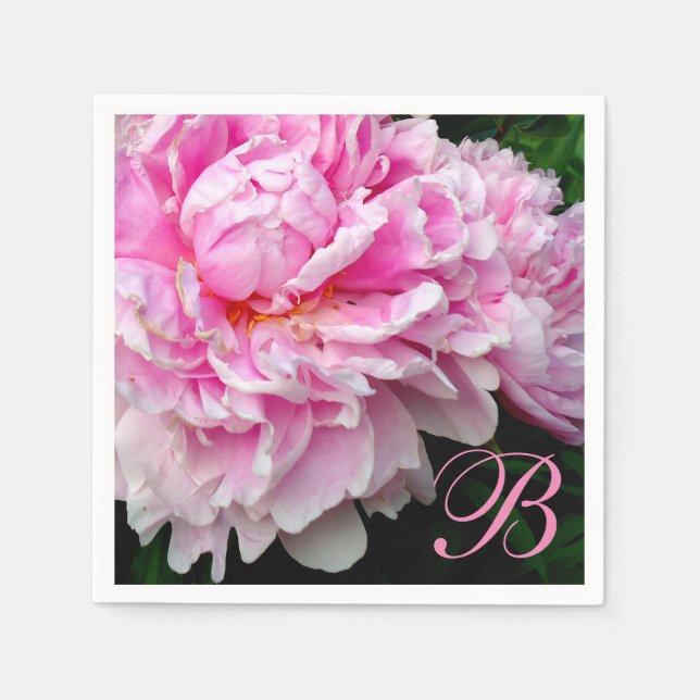 Elegant Pink white floral pink peonies - monogram Paper Napkins (Front)