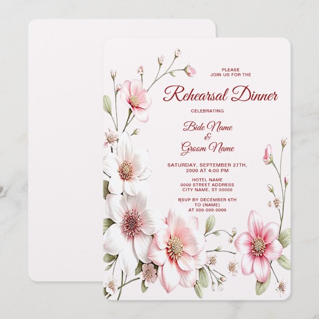 Elegant Pink White Floral Rehearsal Dinner Invitation (Front/Back)