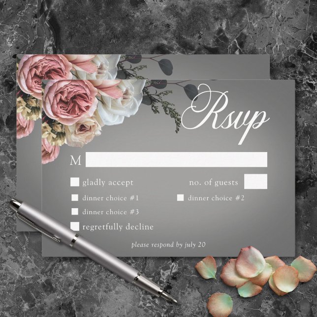 Elegant Pink White Floral Rose Gray Wedding Dinner RSVP Card (Elegant Pink White Floral Rose Gray Wedding Dinner RSVP Card)
