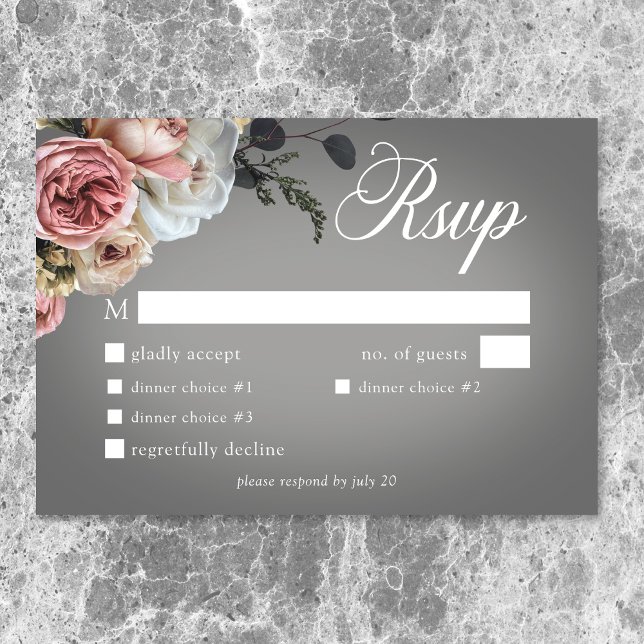 Elegant Pink White Floral Rose Gray Wedding Dinner RSVP Card (Elegant Pink White Floral Rose Gray Wedding Dinner RSVP Card)