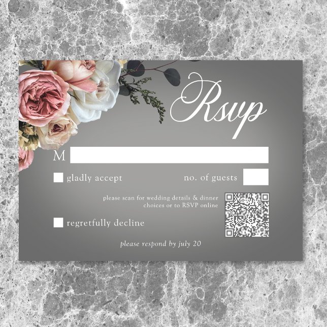 Elegant Pink White Floral Rose Gray Wedding QR RSVP Card (Elegant Pink White Floral Rose Gray Wedding QR Code RSVP Card)
