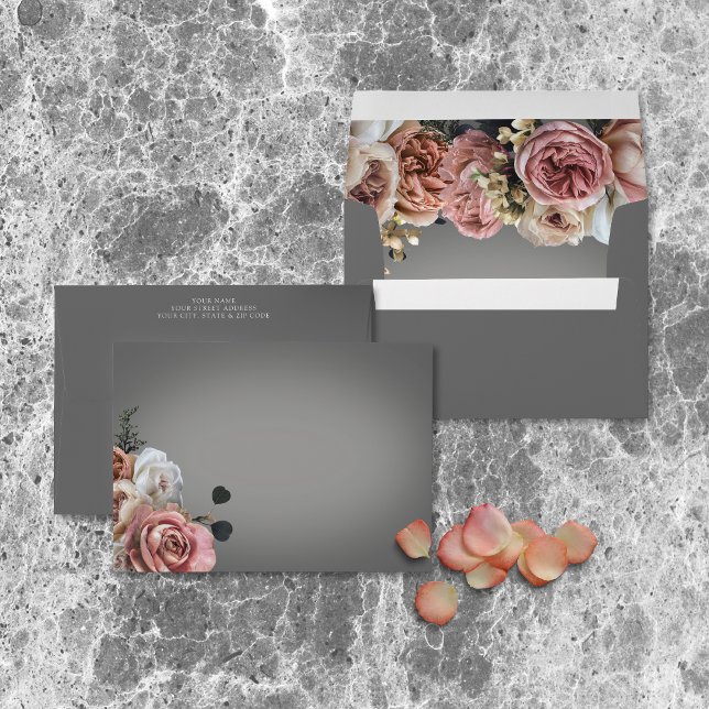 Elegant Pink White Floral Roses Gray Wedding Envelope (Creator Uploaded)