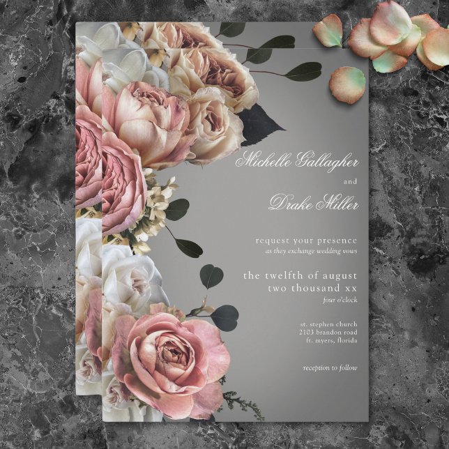 Elegant Pink White Floral Roses Gray Wedding Invitation (Elegant Pink White Floral Roses Gray Wedding Invitation)